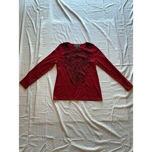 Karen Scott Women's Red Embroidered Long Sleeve Shirt Size Large